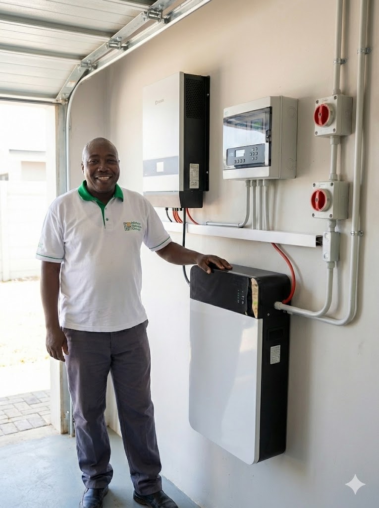 Director of OffGrid Sustainable Energy beside installed inverter and battery storage equipment